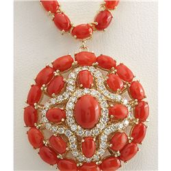 45.00 CTW Natural Red Coral And Diamond Necklace In 14K Yellow Gold