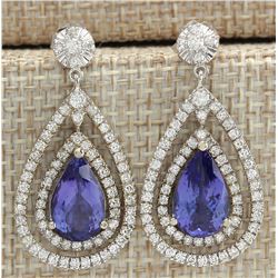 7.82 CTW Natural Tanzanite And Diamond Earrings 18K Solid White Gold