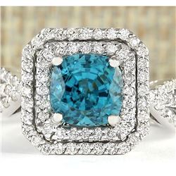5.46 CTW Natural Blue Zircon And Diamond Ring 18K Solid White Gold