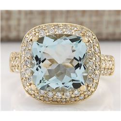 5.36 CTW Natural Aquamarine And Diamond Ring 18K Solid Yellow Gold