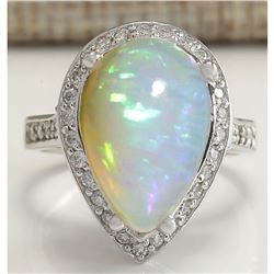 7.70 CTW Natural Opal And Diamond Ring In 18K Solid White Gold