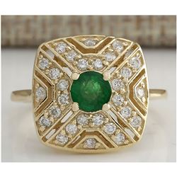 0.95 CTW Natural Emerald And Diamond Ring 18K Solid Yellow Gold