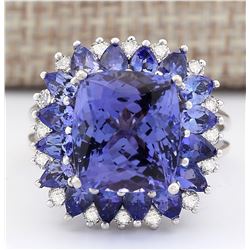 9.14 CTW Natural Blue Tanzanite And Diamond Ring 18K Solid White Gold