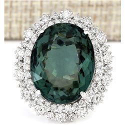 19.90 CTW Natural Green Tourmaline And Diamond Ring 18K Solid White Gold