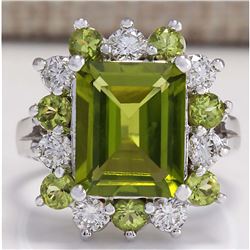 4.97 CTW Natural Green Peridot And Diamond Ring 14K Solid White Gold