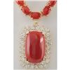 Image 1 : 38.32 CTW Natural Red Coral And Diamond Necklace In 18K Yellow Gold