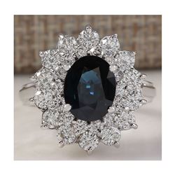 3.51 CTW Natural Blue Sapphire Diamond Ring 18K Solid White Gold