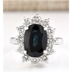 5.77 CTW Natural Blue Sapphire And Diamond Ring In 18K White Gold