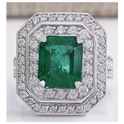 4.59 CTW Natural Emerald And Diamond Ring 14K Solid White Gold