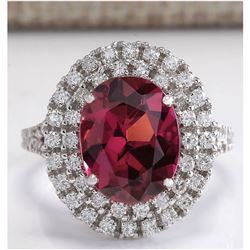4.47 CTW Natural Pink Tourmaline And Diamond Ring 18K Solid White Gold