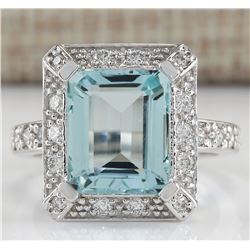 4.85 CTW Natural Aquamarine And Diamond Ring In 18K White Gold