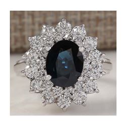 3.51 CTW Natural Blue Sapphire Diamond Ring 14K Solid White Gold