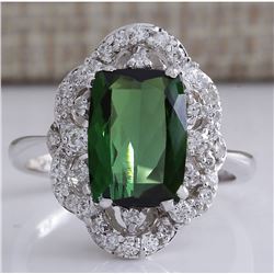 3.51 CTW Natural Green Tourmaline And Diamond Ring 18K Solid White Gold