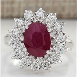 3.73 CTW Natural Ruby And Diamond Ring 18K Solid White Gold