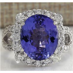 10.01 CTW Natural Blue Tanzanite And Diamond Ring 14K Solid White Gold