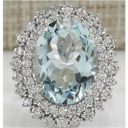 9.68 CTW Natural Blue Aquamarine And Diamond Ring In 18K White Gold