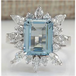 5.10 CTW Natural Blue Aquamarine And Diamond Ring In 18K White Gold