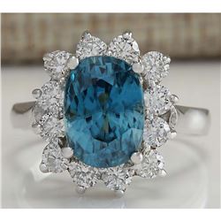 6.07 CTW Natural Blue Zircon And Diamond Ring 18K Solid White Gold