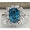 Image 1 : 6.07 CTW Natural Blue Zircon And Diamond Ring 18K Solid White Gold