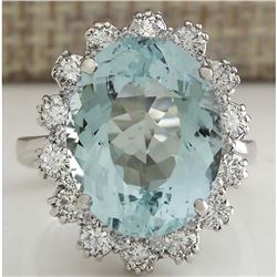 10.25 CTW Natural Aquamarine And Diamond Ring In 14K Solid White Gold