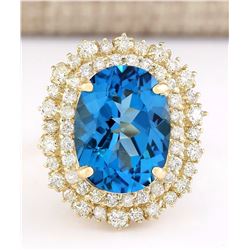 15.64 CTW Natural Blue Topaz And Diamond Ring In 18K Yellow Gold