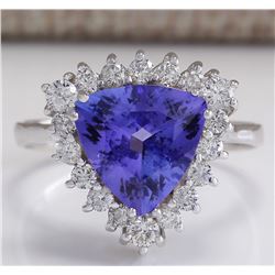 3.25 CTW Natural Blue Tanzanite And Diamond Ring 18K Solid White Gold