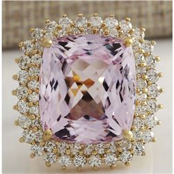 21.94 CTW Natural Kunzite And Diamond Ring 14K Solid Yellow Gold