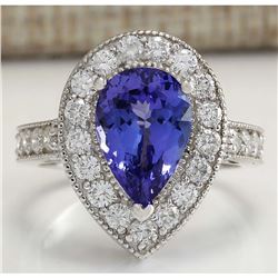 4.78 CTW Natural Blue Tanzanite And Diamond Ring 18K Solid White Gold