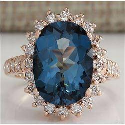 8.34 CTW Natural London Blue Topaz And Diamond Ring In 18K Solid Rose Gold