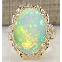 6.42 CTW Natural Opal And Diamond Ring 18K Solid Yellow Gold