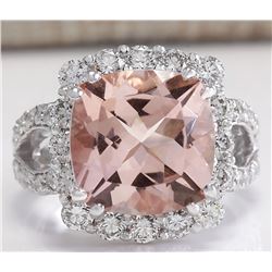 8.66 CTW Natural Peach Morganite And Diamond Ring In 18K Solid White Gold