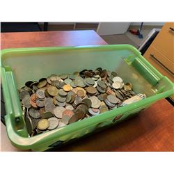 Bin of Assorted Global Currency Coins