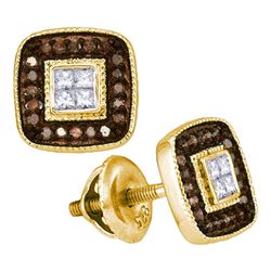 Round Brown Diamond Square Cluster Earrings 1/3 Cttw 10kt Yellow Gold