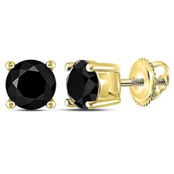 Unisex Round Black Color Enhanced Diamond Solitaire Screwback Earrings 1-1/2 Cttw 10kt Yellow Gold