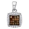 Image 1 : Round Brown Diamond Square Cluster Pendant 1/4 Cttw 10kt White Gold