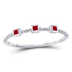 Ruby 3-Stone Beaded Stackable Band Ring 1/20 Cttw 10kt White Gold