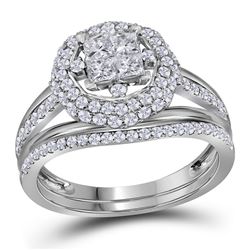 Diamond Halo Bridal Wedding Engagement Ring Band Set 1.00 Cttw 14kt White Gold