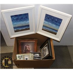 BOX OF FRAMES AND 3 PICTURES