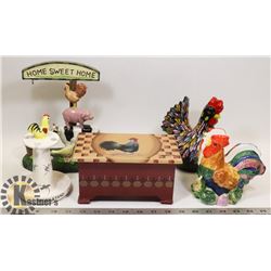 BOX OF ROOSTER ITEMS RECIPE BOX, VINTAGE SPOON