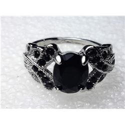 SILVER TONE INTRICATELY CARVED BLACK ZIRCON RING