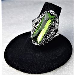 LONG RECTANGULAR PERIDOT GREEN CZ RING IN SILVER