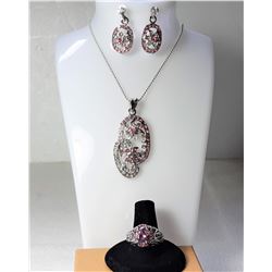 SUITE OF WHITE GOLD FILLED JEWELRY WITH  PINK