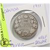 Image 1 : 1911 CANADIAN SILVER HALF DOLLAR-COINS & CURRENCY
