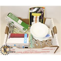 FLAT OF HOME ITEMS INCLUDING CANDLE HOLDERS,