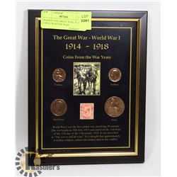 FRAMED-THE GREAT WAR- W.W. 1- COINS FROM THE WAR
