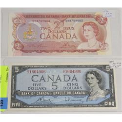 1954 $5 BILL AND 1974 $2 BILL