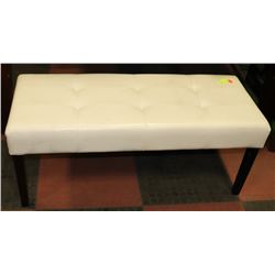 WHITE FAUX-LEATHER & DARK WOOD BENCH