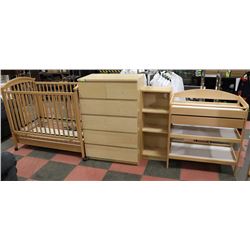 4 PC BLONDE WOOD BEDROOM SUITE. LARGE DOLL CRIB,