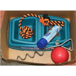 BOX W/DOG ITEMS - FEEDING TRAY, TUG TOY,