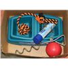 Image 1 : BOX W/DOG ITEMS - FEEDING TRAY, TUG TOY,